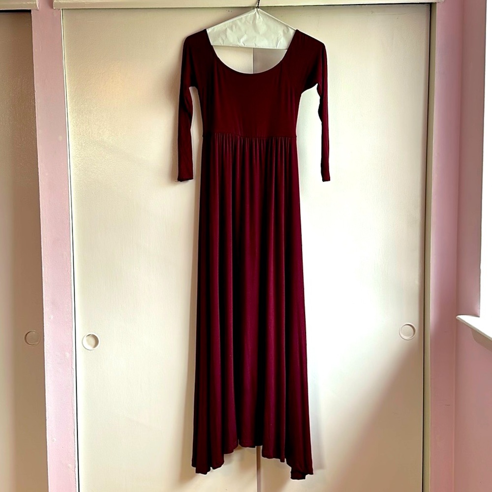 PinkBlush Petite Small Dark Burgundy Solid Off Shoulder Maternity Maxi Dress